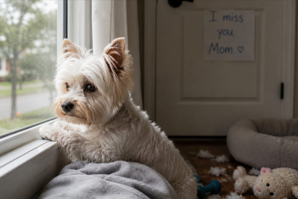 Dog having separation anxiety with torn up toys and looking out window.